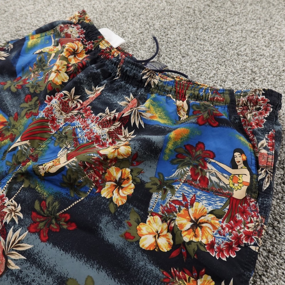 VTG Faded Glory Shorts Mens XL Floral Hawaiian Hula Girls Swim Trunks‎ 90s Y2K
